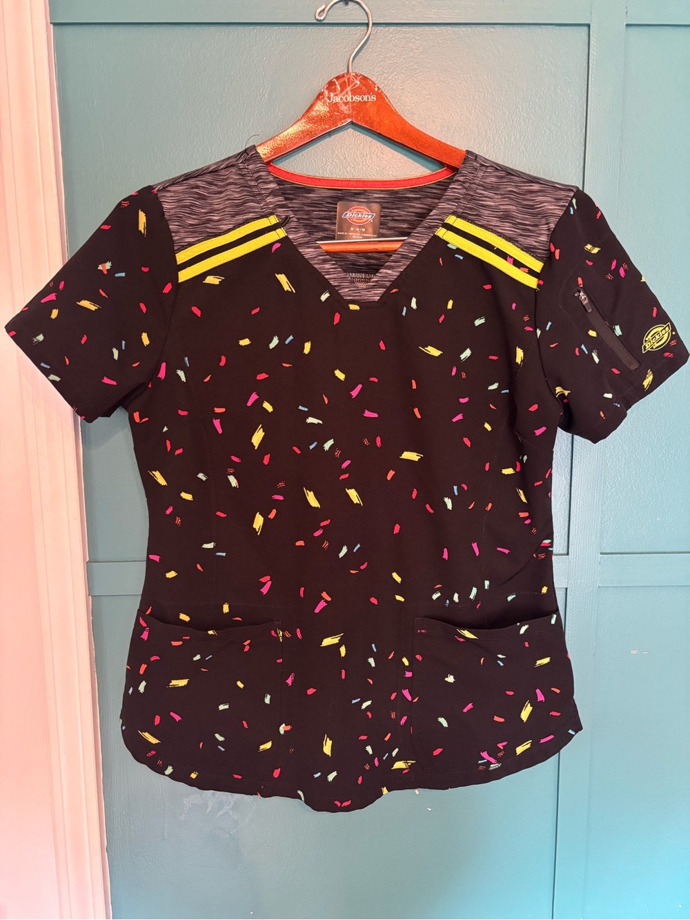 Dickies Women’s Black Confetti Print V-Neck Scrub Top - Yellow Accent Size Med